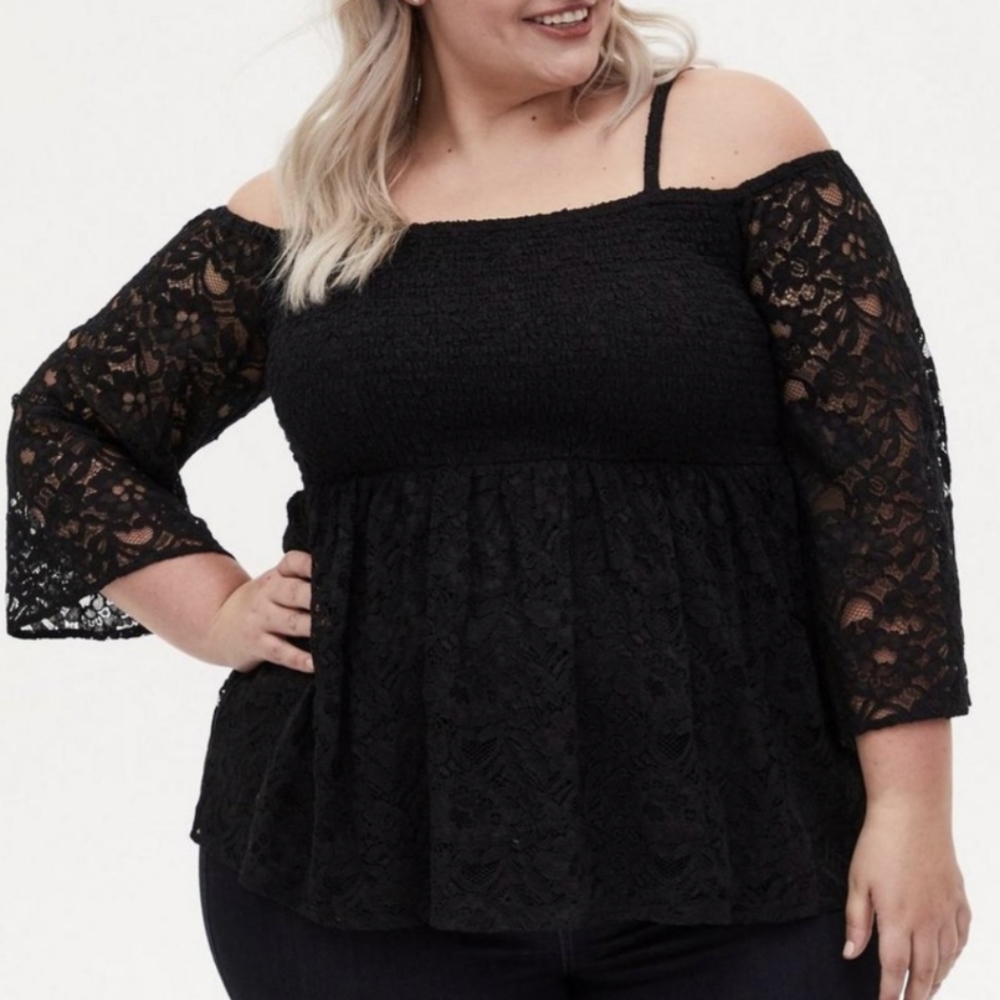 Torrid Babydoll Lace Smocked Cold Shoulder Top